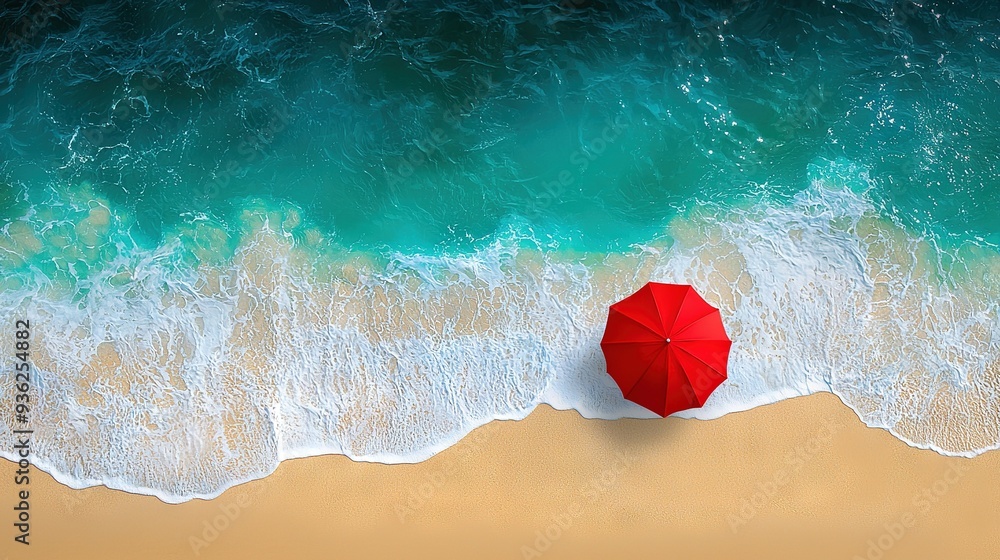 Poster   A red umbrella sits atop a sandy beach beside a wave that crashes into water's body