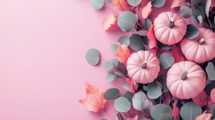 Pink pumpkins surrounded by eucalyptus leaves on a soft pink background, evoking a gentle autumn vibe.