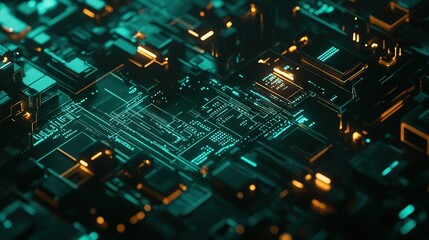 Obraz premium Intricate electronic circuit board design illuminated with vibrant blue and orange lights in a high-tech environment