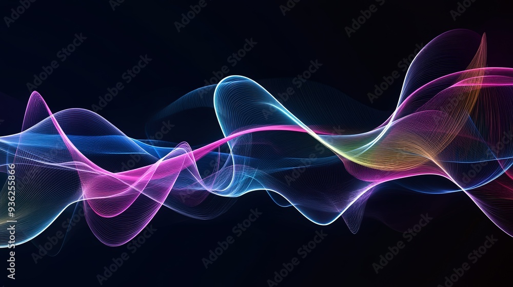 Poster colorful abstract waves flow gracefully across a dark background in a digital art representation of 