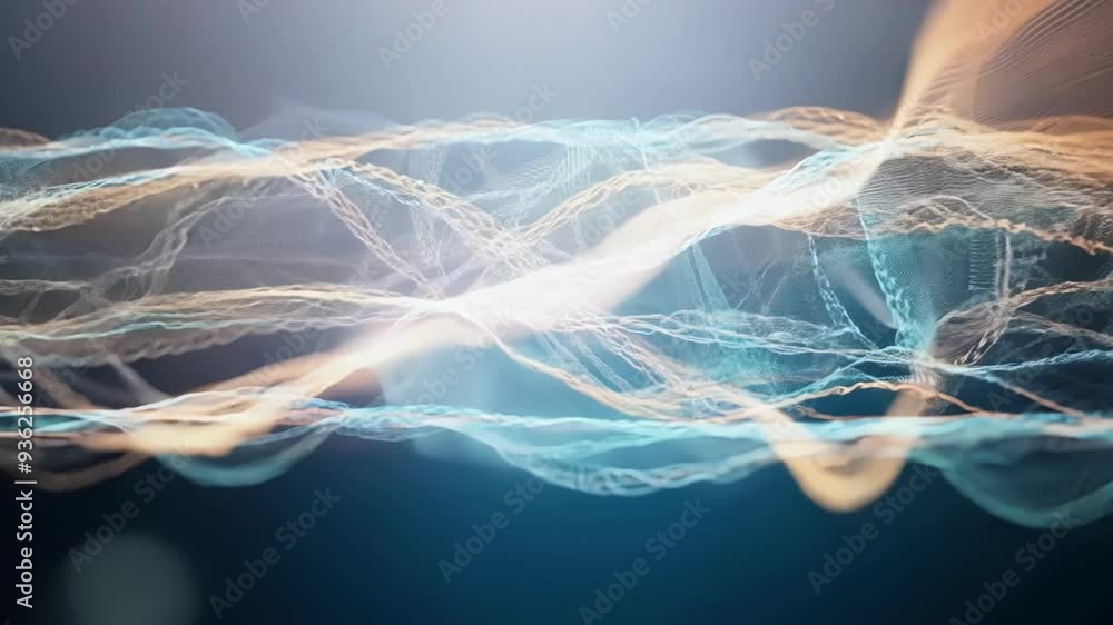 Poster abstract blue and orange particles flow seamlessly against a dark background, creating captivating l