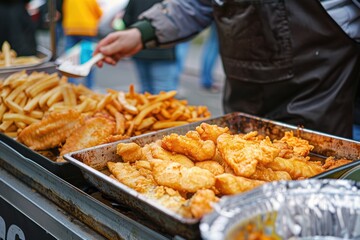 Crispy fish and chips served with lemon wedges and tartar sauce on a rustic plate...