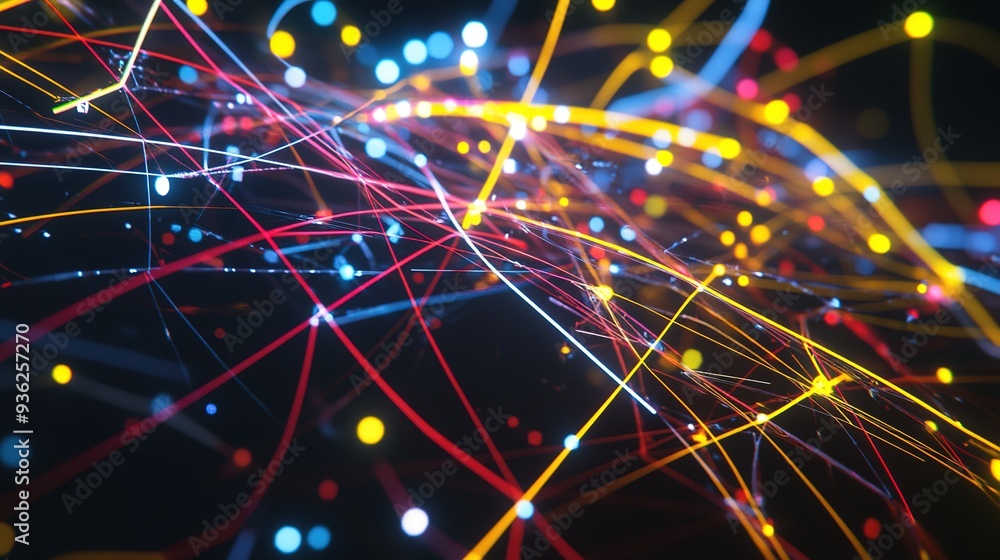 Poster abstract representation of colorful light trails weaving through a dark background, showcasing a dyn