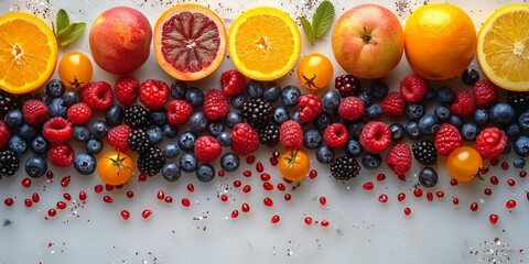 Variety of colorful fruits including oranges, berries, and pomegranate seeds in a fresh, vibrant display.