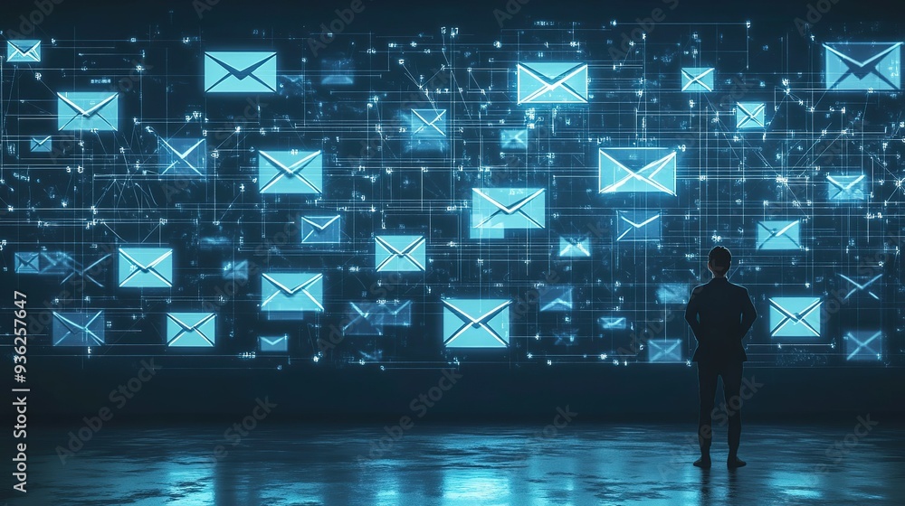Poster a person observes a digital display showing multiple email notifications in a modern office setting 