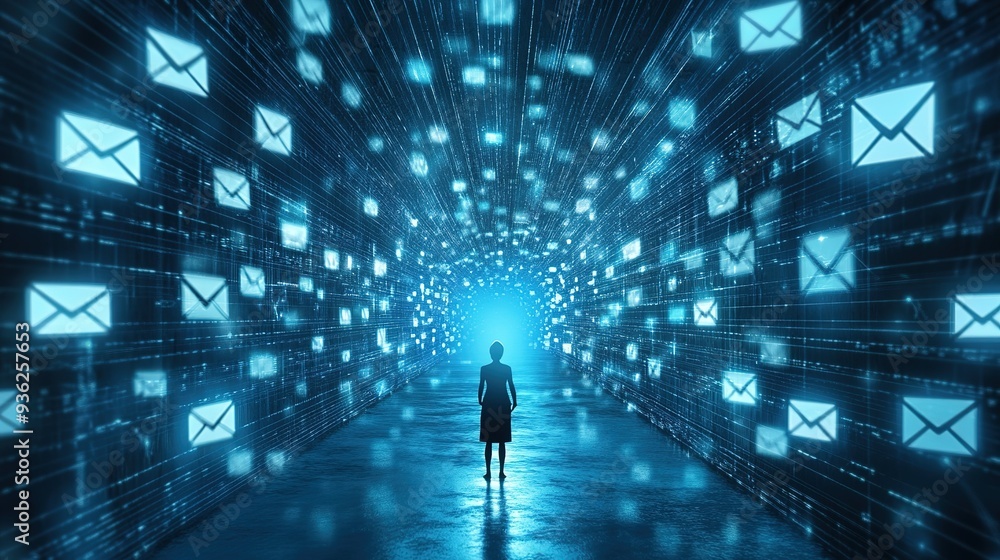 Poster a figure stands alone in a digital tunnel filled with glowing email icons, representing communicatio
