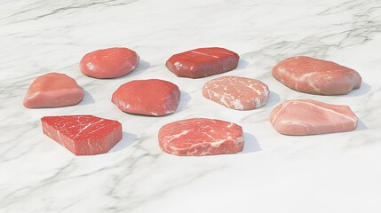 Naklejka premium Selection of various cuts of meat displayed on a marble countertop showcasing their distinct textures and colors in natural lighting