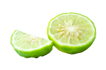 Fresh green kaffir lime fruit or bergamot in half and slice or piece isolated with clipping path in png file format