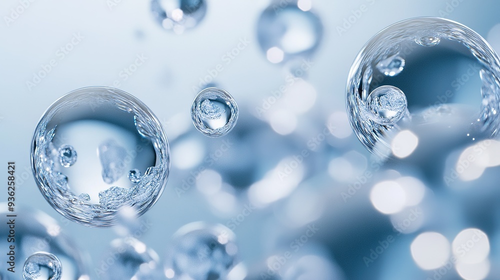 Aufkleber close-up of floating water bubbles reflecting light in a serene blue background, creating a tranquil