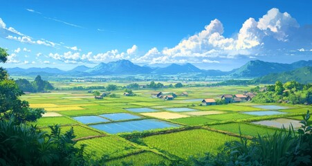 Fototapeta premium Rice Fields and Small Villages with Cel Shading, Bright Blue Sky and Clouds
