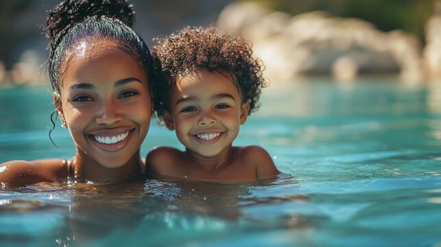 Happy smiling black african american mother and child swimming on summer vacation holiday - Powered by Adobe