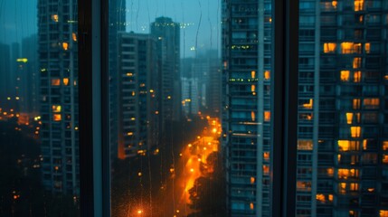 Rainy Night Cityscape View From Window