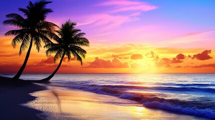 Beautiful sunset over the ocean with palm trees silhouetted along the beach at twilight