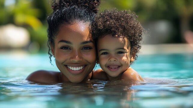Happy smiling black african american mother and child swimming on summer vacation holiday