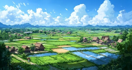 Rice Fields and Small Villages with Cel Shading, Bright Blue Sky and Clouds