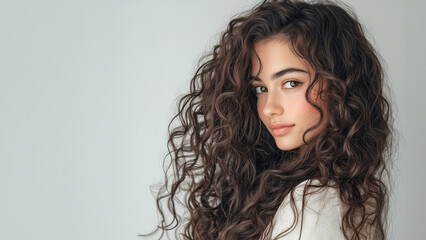 Woman with long thick curly brown hair on a light background.	
