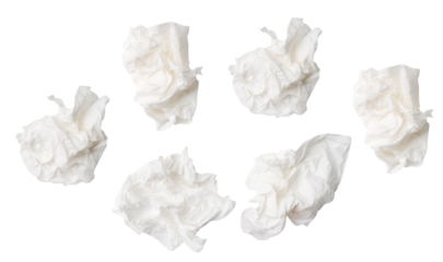 Top view set of white screwed or crumpled tissue paper balls after use isolated with clipping path in png file format