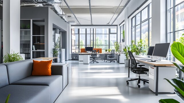 Modernes, helles B&uuml;ro mit stilvollem Design und nat&uuml;rlicher Beleuchtung