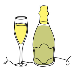 A minimalist sketch of a champagne bottle and glass with bubbly drink sitting on a table