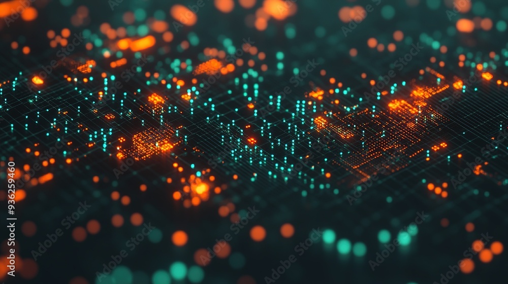 Poster aerial view of digital data patterns shimmering in turquoise and orange against a dark backdrop illu