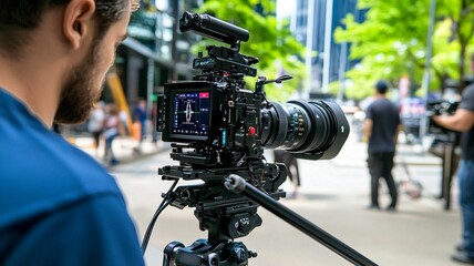 Professional cameraman filming event with digital video camera