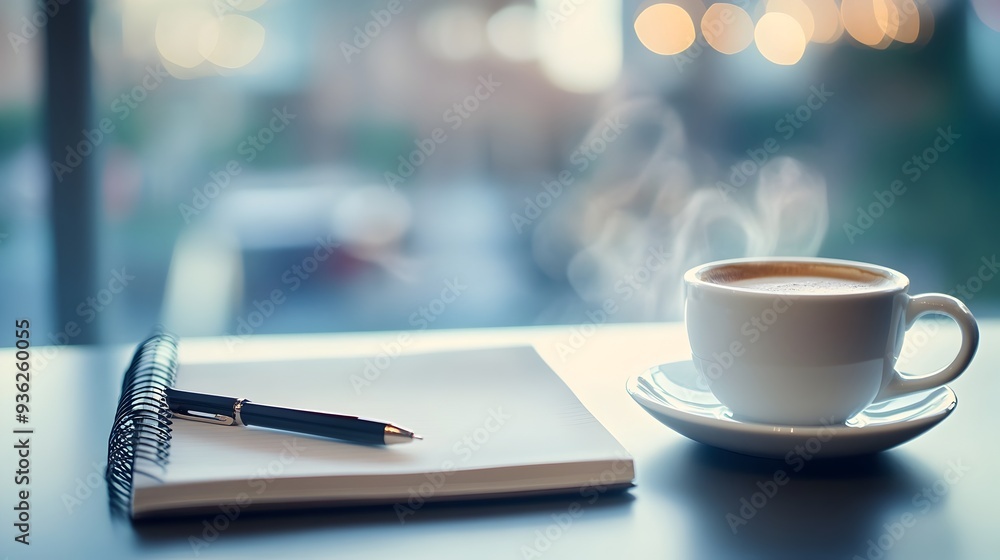 Aufkleber organized and tidy office desk with a cup of coffee notebook and pen blurred background to provide a