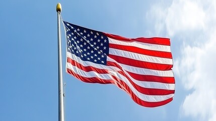 Obraz premium Waving American flag against a clear blue sky during a sunny day in a peaceful outdoor setting