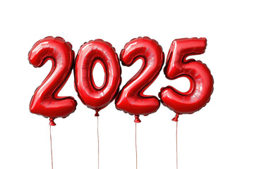 2025 Red number helium balloons isolated background. Realistic foil balloon