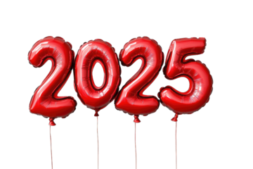 2025 Red number helium balloons isolated background. Realistic foil balloon