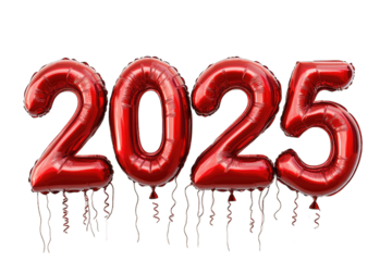 2025 Red number helium balloons isolated background. Realistic foil balloon