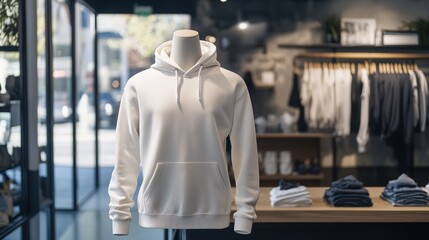 A mannequin is standing in a clothing store with a white hoodie on