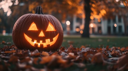 A pumpkin with a scary face is sitting on the ground next to a tree
