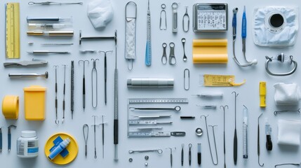 A collection of medical instruments and supplies