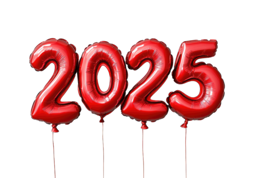 2025 Red number helium balloons isolated background. Realistic foil balloon