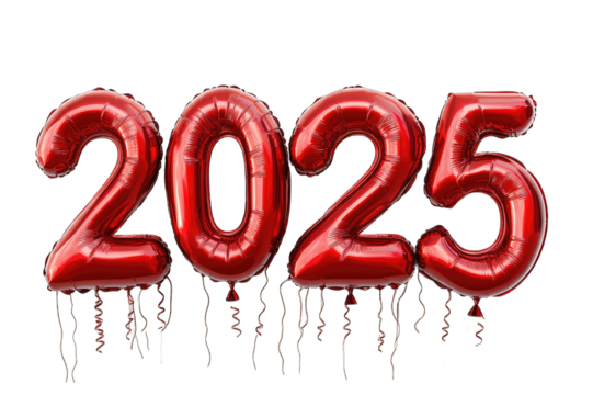 2025 Red number helium balloons isolated background. Realistic foil balloon