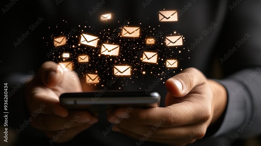 Aufkleber engaging with digital communication while holding a smartphone at night with animated email notifica