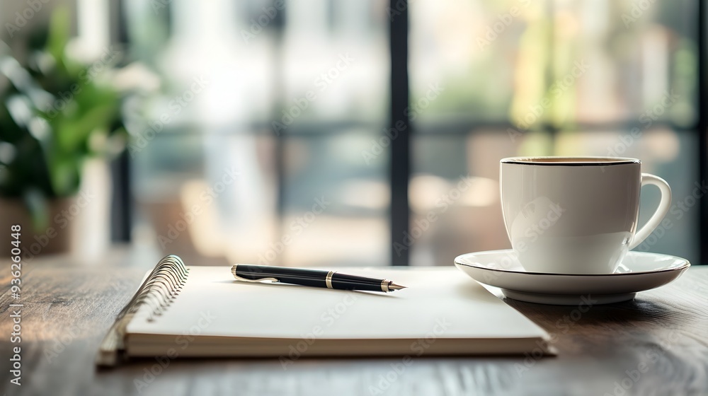 Aufkleber neatly arranged office desk with a cup of coffee notebook and pen with a blurred background to creat