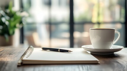 Neatly arranged office desk with a cup of coffee notebook and pen with a blurred background to create ample copy space for professional productive work and creative planning