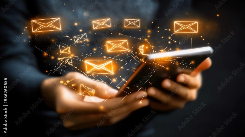 Poster person using a smartphone with glowing email icons appearing around hands in a dark setting during t