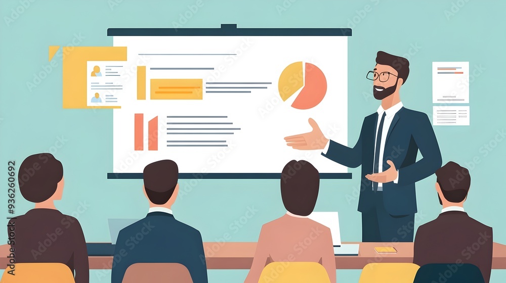 Poster businessman delivering a dynamic and informative presentation to a corporate audience in a professio