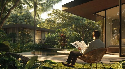 A man is sitting in a chair by a pool, reading a newspaper