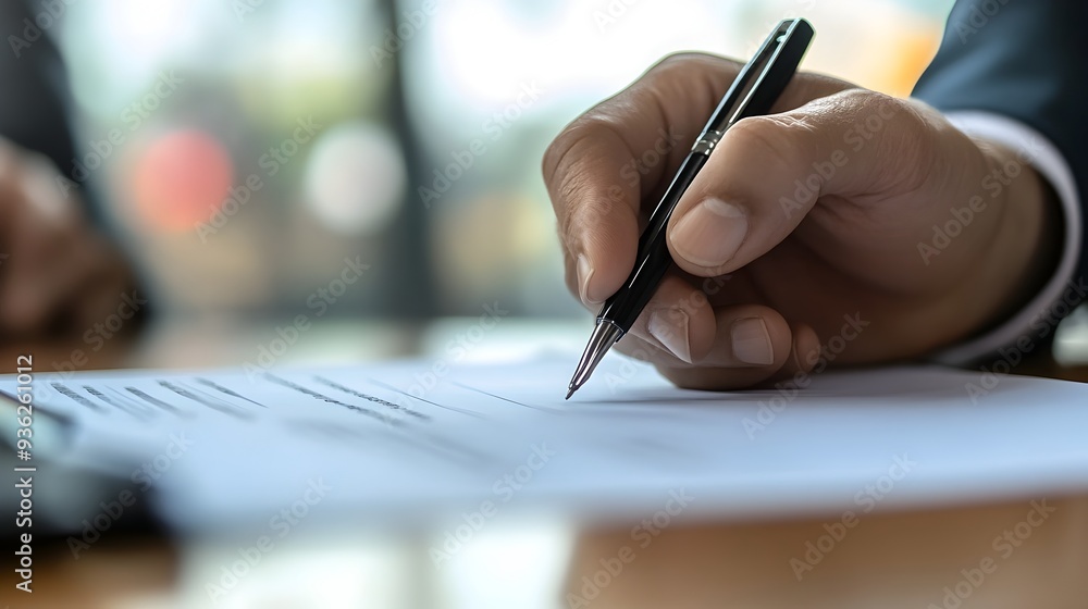 Aufkleber closeup view of two people s hands signing a formal business contract or agreement document with a b