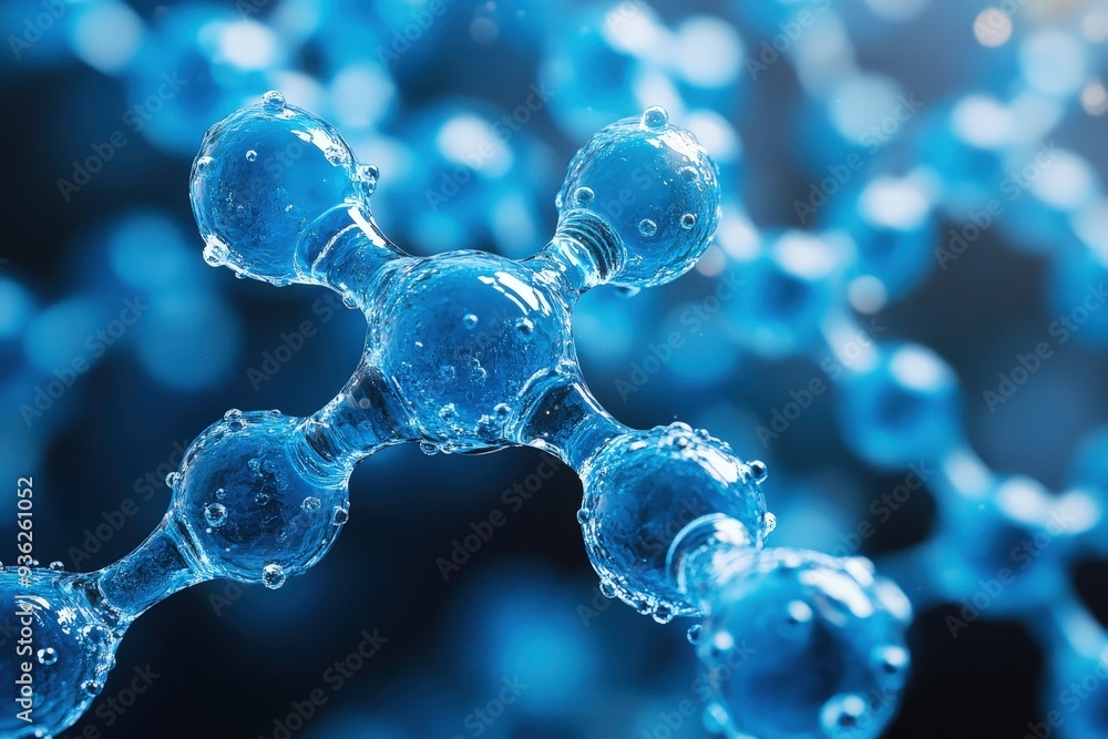 Poster the building blocks of life: a mesmerizing 3d render of a molecule structure, with vibrant blue orbs