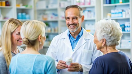 Obraz premium A friendly healthcare professional assists patients, providing guidance on prescribed medications and answering questions amidst stocked shelves in a well-organized pharmacy setting.