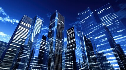 Obraz premium Modern skyscrapers illuminated at night against a clear blue sky showcasing urban architecture in a vibrant city landscape