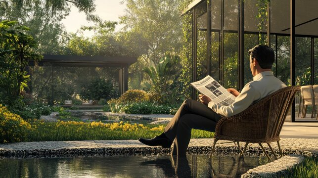 A man is sitting in a chair by a pool, reading a newspaper