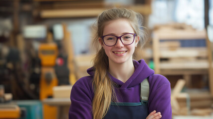 Young carpenter woman smiling with crossed arms in workshop