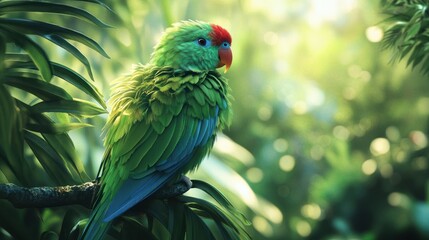 A colorful parrot is perched on a branch in a lush green forest