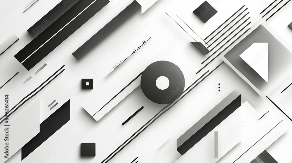 Poster abstract geometric shapes in black and white create a dynamic composition with various forms and lin