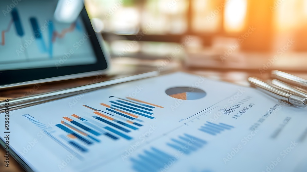 Poster tablet device displaying business analytics graphs charts and digital data insights for corporate st